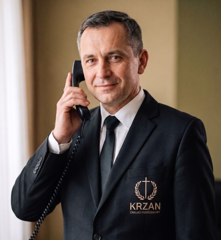 Pracownik zakładu podczas rozmowy z rodziną